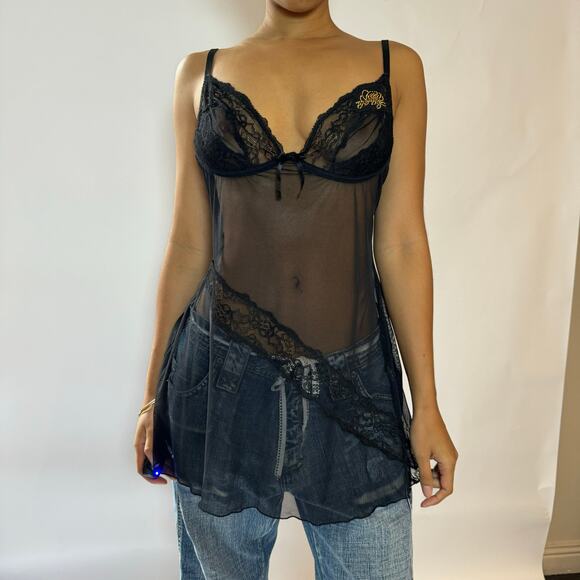 Vintage Y2K Coquette Goth Sheer Mesh Cami with Lace Panels (M) - Picture 6 of 6